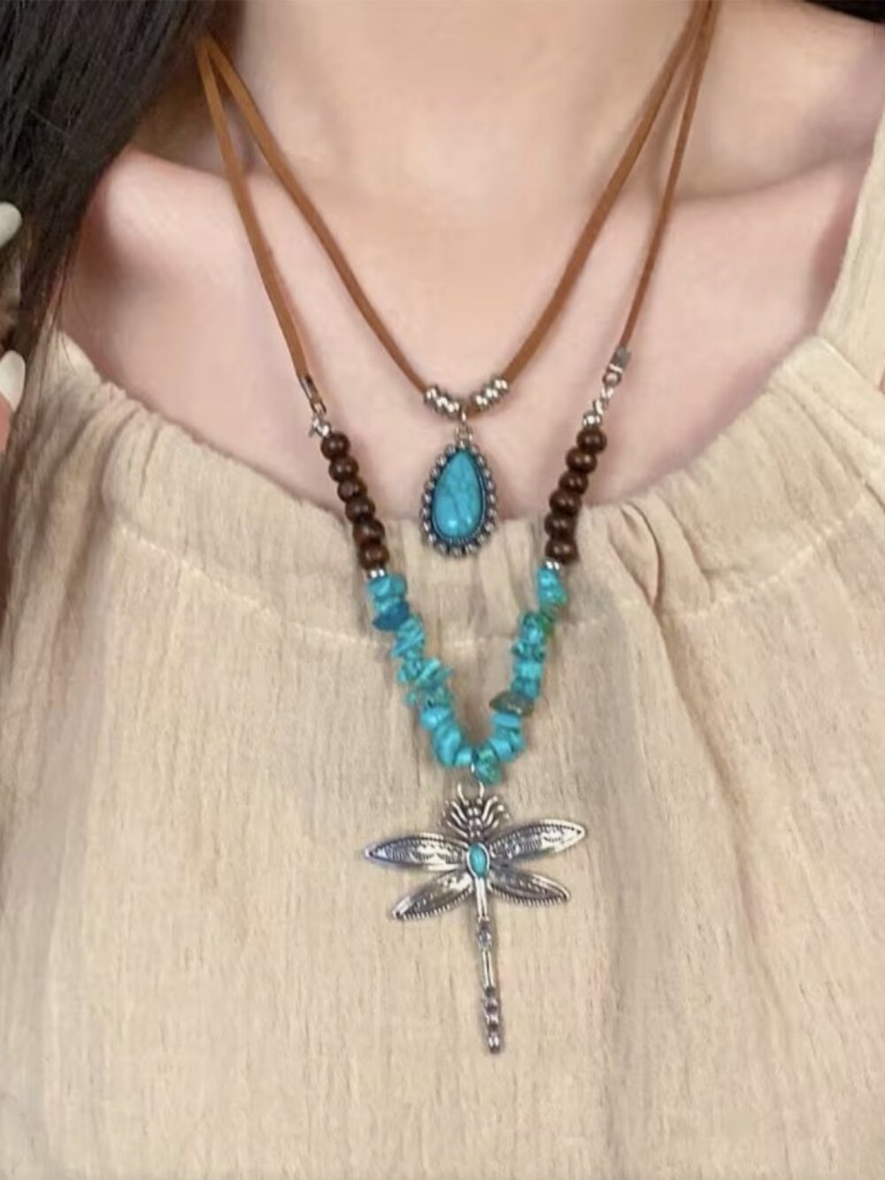 NEW Turquoise Beaded Silver Dragonfly Layered Stack Necklace Southwest Western